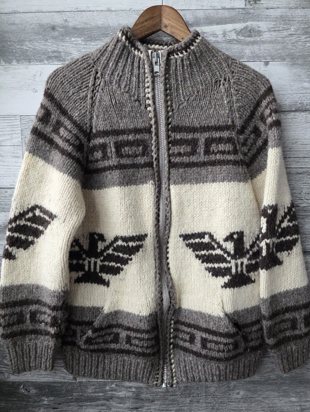 Vintage Knit Cowichan Zip Up Thick Chunky Thick Wool Eagle Sweater